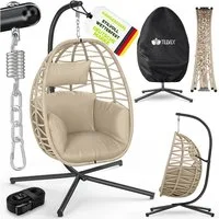tillvex Hängesessel tillvex® Swivo Hängesessel mit Gestell inkl. wetterfester Abdeckung (Hängekorb klappbar bis 150 kg, Hängesitz aus Rattan, Hängestuhl für Indoor Garten Balkon Terrasse), mit Gestell Outdoor & wetterfester Abdeckung mit Befestigung