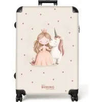 NoBoringSuitcases.com© Kinderkoffer Prinzessin und ein Einhorn in Pastellfarben 77 cm - 98 L, 8 Rollen, Reisetasche mit rollen für 30kg, Koffer für Mädchen, Reisekoffer