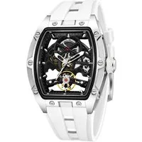 S&T Design Automatikuhr Armbanduhr Herren Uhr Edelstahl Silikon Skelett Skelleton, (inkl. Geschenkbox, Schnalle), Mechanisch 50M Wasserdicht Rechteckig