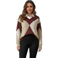 Worldclassca Strickpullover WORLDCLASSCA Strickpullover Kariert Karo mit Bluse Kragen V-Ausschnitt Neue Kollektion - Stilvolle und gemütliche Strickmode für Damen