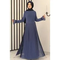 Modavitrini Maxikleid Damen Hijab Abendkleid mit Pailletten Modest Abiye Abaya (EYLÜL) Faltendetail Rock