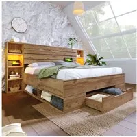 Flieks Holzbett, LED Doppelbett 160×200cm mit Aufladen, Stauraumfächer und Schubladen