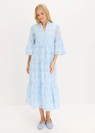 bonprix Midikleid aus reiner Baumwolle mit Lochstickerei, blau, Gr.52, Ein absolutes Must-Have, aus 100% Baumwolle