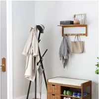 HOMCOM Garderobenleiste mit 4 Haken (Wandgarderobe, 1 St., Handtuchhalter), Platzsparend, vielseitig einsetzbar, Naturholz