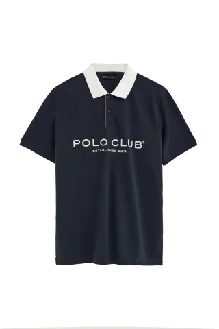 Poloshirt marineblau mit Kragen und Established 2012 Polo Club Logo in Kontrastfarbe