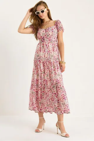 Midi-Kleid mit Herzkragen und floralem Druck