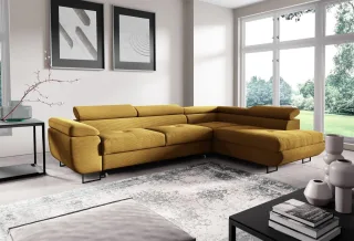 Ecksofa mit Schlaffunktion DECLAN Stoff Poso Honiggelb Ottomane Rechts