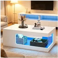 Merax Couchtisch Hochglanz Sofatisch Beistelltisch mit LED-Beleuchtung & App-Steuerung (100 x 50 x 35 cm, 1-St), Wohnzimmertisch mit Glasablagen, offenem Stauraum, & gehärtetem Glas