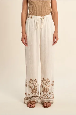 molly bracken - Marlenehose mit Ethno-Stickerei beige - Gr. - M