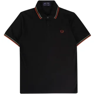 Grünes und braunes schwarzes Poloshirt mit Doppelstreifen von Fred Perry