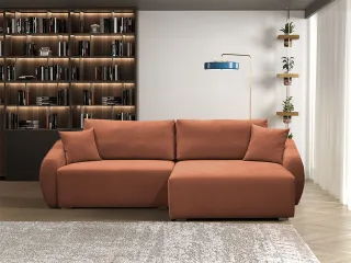 Ecksofa Designersofa Sofa ELISE in Stoff Wind Ziegelrot Ottomane Rechts