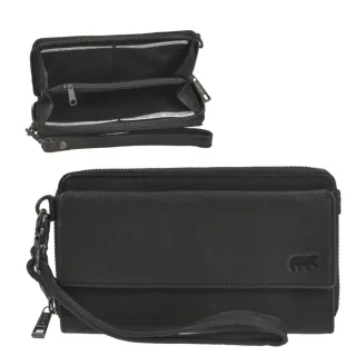 Handy-Geldbörse 12 Kartenfächer Leder schwarz 20x10,5cm | Bear Design Lilian. Sicherer Organizer mit abnehmbarem Gurt und praktischer Aufteilung.