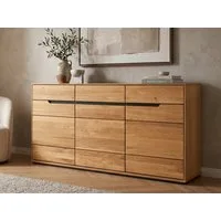 Massivart® Sideboard 153 cm Breite Massivholz Wildeiche geölt »ARAYA«, 3 Schubladen · 3 Drehtüren · 3 Einlegeböden · schwarze Griffmulden