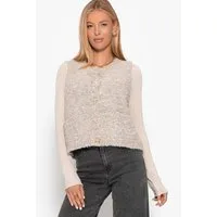 SASSYCLASSY Kurzweste Bouclé-Weste mit aufgesetzten Taschen für Damen Weiche Weste mit goldfarbenen Knöpfen Greige Rosa Schwarz Braun