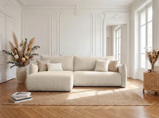 Ecksofa Schlafsofa MAILAND in Stoff Tilia Ecru Ottomane Links