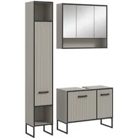 welltime Badmöbel-Set Locri, Breite 125 cm, Rillenoptik, Metallkufen, (3-St), best. aus: Hochschrank, Waschbeckenunterschrank, Spiegelschrank