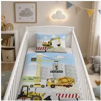 Familando Babybettwäsche Baustelle 100x135 40x60cm mit Bagger Kipper Kran, Renforcé, 2 teilig, mit liebevollem Motiv in dezenten Farben