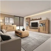 Lomadox Wohnzimmer-Set TURDA-83, (Mega-Spar-Set, 6-St., Couchtisch Highboard Lowboard Sideboard Vitrine Wandregal), Eiche Metallgriffe inkl. LED Beleuchtung Türen mit Softclose