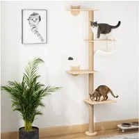 FURPAL Kratzbaum Kletterbaum Katze Wand, mit Hängematte & Kratzstamm, Wandmontage aus Massivholz – inkl. Spielzeug & Kratzmatte