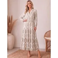 Kendindza Collection Maxikleid Sommerkleid Damen Lang Viskose Elegantes Sommer Kleid lang Maxi Kleid Ikat-Print Knopfleiste & Schnurbund, Luftig Leicht