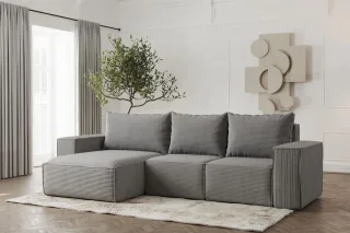 Ecksofa Designersofa ESTELLE in Stoff Poso Grau Ottomane Links