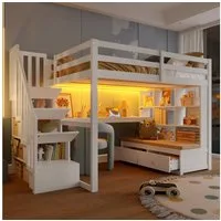 Flieks Hochbett Kinderbett 140x200cm mit LED, Stauraumtreppe, Schreibtisch, Schubladen