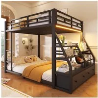 Merax Etagenbett mit LED-Beleuchtung, Metallbett (Jugendbett Stockbett Doppelbett, 1-St), Kinderbett 140x200cm mit Stoffschubladen Ablagefächern Leiter Geländer