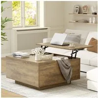 FABATO Couchtisch eckig, höhenverstellbar mit verstecktem Staufach, Landhaus-Design (1-St), mit einem sanften Hebe-Mechanismus, oak
