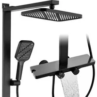 HOMELIVE Duschsystem mit Thermostat und Glasablage in Schwarz Matt,Brausegarnitur, 12 Zoll Regendusche, 3-Funktions-Handbrause, PPA-Kupfer, Aluprofil