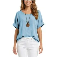dy_mode Kurzarmbluse Damen Kurzarm Bluse Leichte Sommer Tunika Baumwollbluse Oberteil in Unifarbe, mit passende Kette