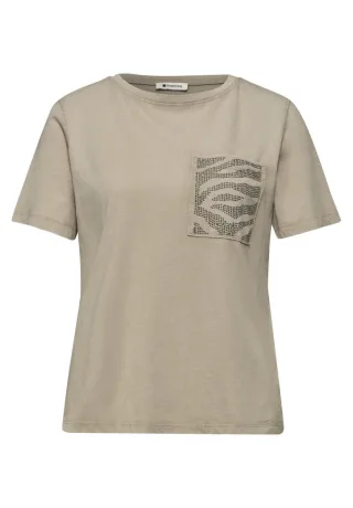 Street One - T-Shirt mit Nieten-Brusttasche und Animalprint beige - Gr. - 38