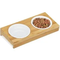 relaxdays Futterstation Doppelnapf Bambus & Keramik