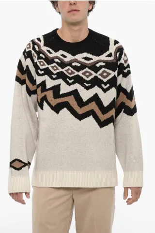 Boxy Fit Rundhalspullover aus Wolle in Beige, Nero