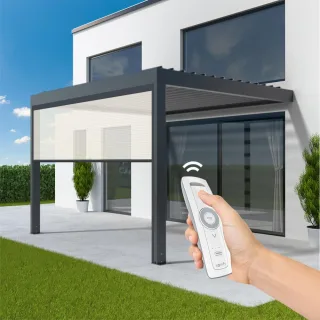 Pergola mit Wind- und Regensensor, Anbaupergola, Aluminium, Gestell Anthrazit, Zip-Screen vorne Weiß, 1000x1600 mm, individuell konfigurieren