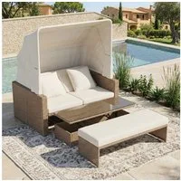 Flieks Gartenliege Gartenmöbel für 2-4 Personen, Polyrattan Gartensofa mit verstellbarem Couchtisch abnehmbarer Markise