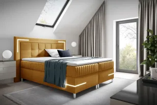 Boxspringbett Schlafzimmerbett 200x200cm AMORE Nr.2 Gelb inkl. LED-Beleuchtung