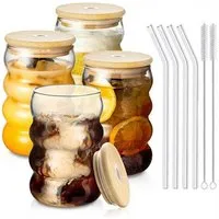 Refined Living Gläser-Set Trinkgläser gewellt 4er Set 350ml mit deckel, Glasstrohhalmen, Bürsten, Glas, gerippte trinkgläser bubble gläser, wave gläser, Cocktail Gläser