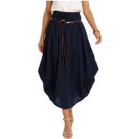 dy_mode Ballonrock Damen Leinenrock Midi Ballonrock Sommerrock Midirock in Unifarbe, mit Teil-Gummibund, Variabler 2-in-1 Look