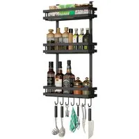 PFCTART Küchenregal Gewürzregal & Küchenregal Edelstahl 39cm - Wandmontage, 30kg Tragkraft, Schwarz - Robuster Vorratsorganizer 1-tlg., Ohne Bohren, 3 Ebenen & 7 Haken - Für Küchenutensilien & Zubehör