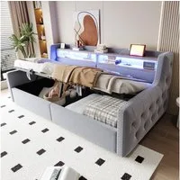 Merax Daybett 90x200cm mit LED-Lichtleiste, Steckdose & USB-Anschluss (Schlafsofa Sofabett Jugendbett Kinderbett Polsterbett, 1 tlg), Tagesbett mit hydraulischem Stauraum & Staufächern, Samtstoff