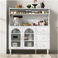 Flieks Küchenbuffet mit Steckdosen, Gläserhalter, Schubladen und Glastüren (120x40x138,5 cm, 1-St., Arbeitsplatte mit USB- und Typ-C-Anschlüssen, Beine aus Massivholz) Hochschrank Küchenschrank Geschirrschrank mit verstellbarer Ablagen