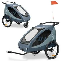 Hauck Fahrradkinderanhänger Dryk Duo Plus - Dark Blue, 2in1 Fahrradanhänger Buggy mit Federung für 2 Kinder bis 44 kg