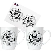 BRUBAKER Tasse 2er-Set Motivtassen "Beste Oma" und "Bester Opa", 4-tlg., Keramik, 2x Kaffeebecher in Geschenkpackung mit Grußkarte - für Großeltern