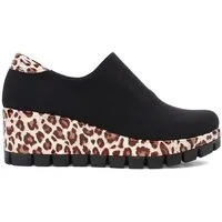 Celal Gültekin Keilabsatz Plateau Schuhe Damen Slip-on Stretch Schlupfform Keilsneaker Stretch, Leopardenmuster-Sohle, Schwarz/Braun/Leo, 40