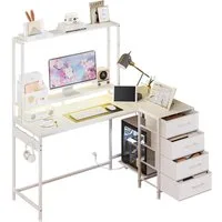 Yorbay Eckschreibtisch L-Form 140 cm mit 4 Schubladen & Steckdose, Computertisch mit USB, LED, Regal – für Gaming & Home Office