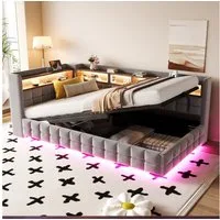 Merax Daybett mit LED-Beleuchtung und USB-Ladeanschlüssen (Jugendbett Kinderbett Einzelbett Sofabett aus Samtstoff, 1 tlg), Polsterbett Tagesbett 90x200cm mit hydraulischem Stauraum & Staufächer