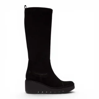 Fly London Damen-Schwarze Wildlederstiefel mit hohem Keilabsatz – BUDI603