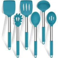 LuxusKollektion Kochbesteck-Set Kochlöffel Set 6er Silikon Edelstahlgriff Spülmaschinenfest Blau