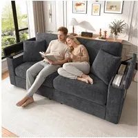 Merax 2-Sitzer mit Armlehnen-Stauraum und Seitentaschen, modernes Sofa aus Chenille, 180×81,5×84cm 1 Teile, Couch mit hochdichter Schaumstoff, 2 Kissen & Massivholzrahmen