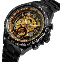 Rötting Design Automatikuhr Herrenuhr Armbanduhr Edelstahl Skelett schwarzes Design, (1-tlg), goldfarbenes Ziffernblatt